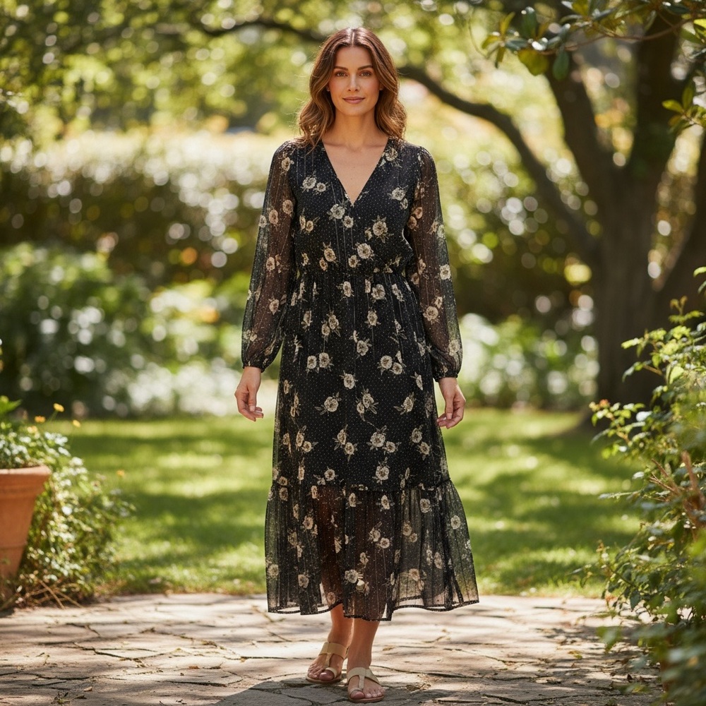 Maison Jules Black Floral-print Long Sleeve Midi Dress